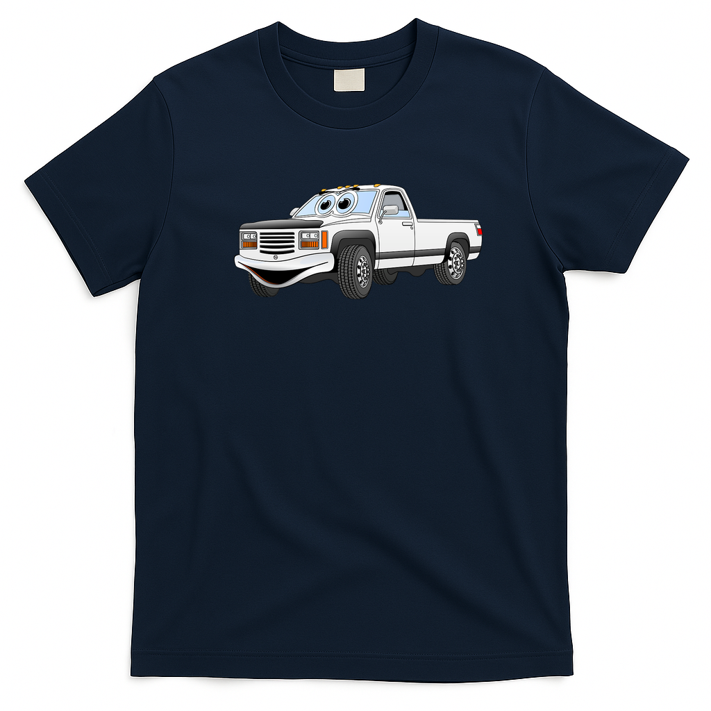 White Pick Up Truck Cartoon Graphic T-Shirt - Navy Blue